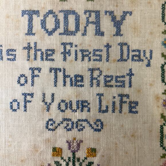 Vintage Today is the First Day Flower Basket Cross Stitch Sampler Completed - Picture 4 of 11